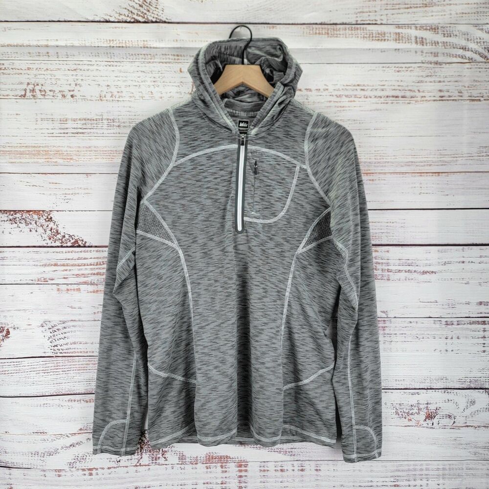 REI Co-Op Hooded Shirt Women's Size L Gray Striped 1/4 Zip Pullover Run Gym Logo